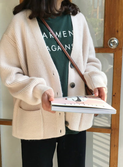 Women Cardigans Sweater V neck Solid Loose Knitwear