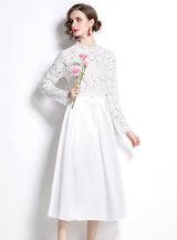 Long SLeeve Lace Stitching Satin Dress