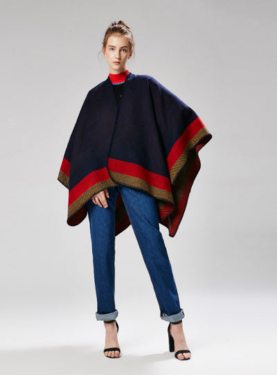 Jacquard Border Gometric Shawl Cape Cloak
