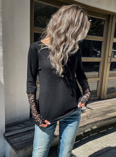 Spliced Lace Round Neck Long Sleeve Slim Knit Top