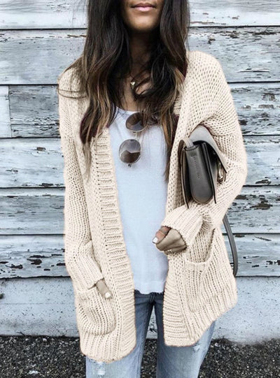 Women Smooth Knitted Sweater Pocket Design Cardigan