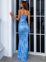 Thin Shoulder Strap Blue Sleeveless Long Dress