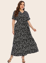 V-neck Short Sleeve Polka Dot Print Dress