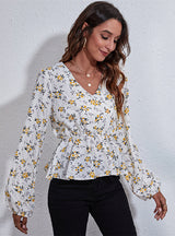 Yellow Floral Print V-neck Lantern Sleeve Top