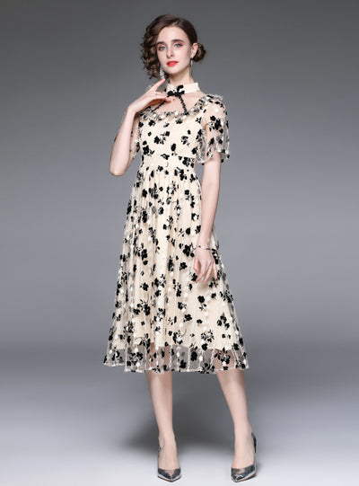 Retro Floral Waist Slim Gauze Dress