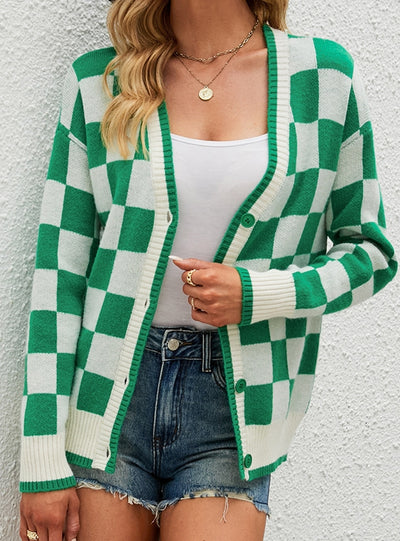 Plaid Color Matching Cardigan Sweater