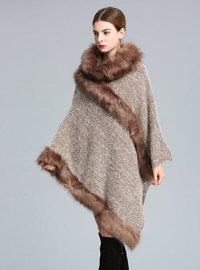 Knitted Pullover Imitating Fox Fur Collar Shawl Cape