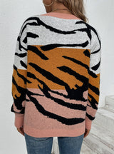 Round Neck Color Matching Tiger Print Sweater