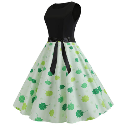 Retro Sleeveless Four-leaf Clover Print Dress