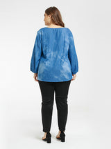 V-neck Puff Sleeve Denim Tie-dyed Thin Top