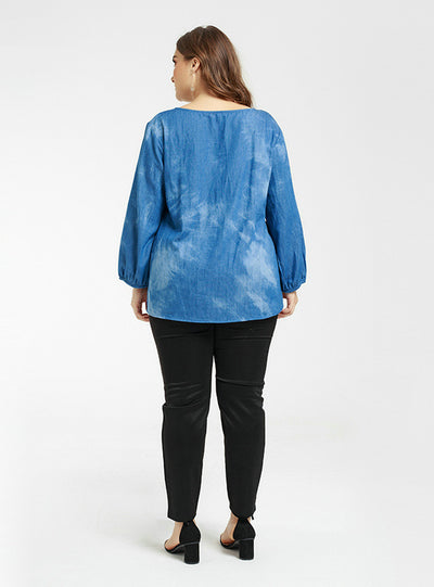 V-neck Puff Sleeve Denim Tie-dyed Thin Top