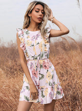 Printed Round Neck Stitching Flounce Dress