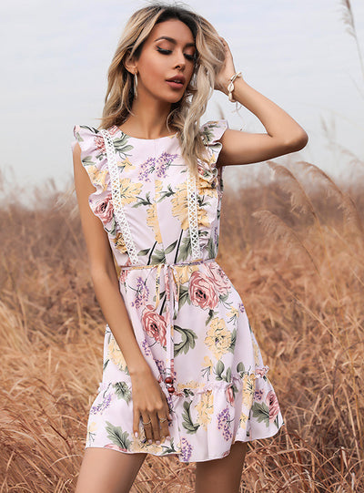 Printed Round Neck Stitching Flounce Dress