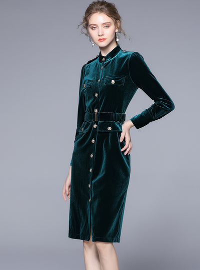 Long Sleeve Retro Waisted Velvet Dress