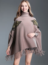 Pearl Cape Shawl Female Turtle Neck Knitted Pullover