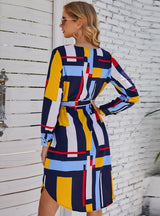 Large Size Collar Color Block Belt Design Dress