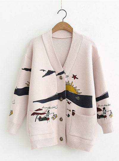 Women's Winter Cardigan Sweater Loose Cute Print
