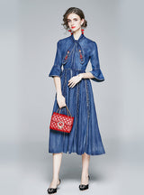 Trumpet Sleeves Embroidered Denim Dress