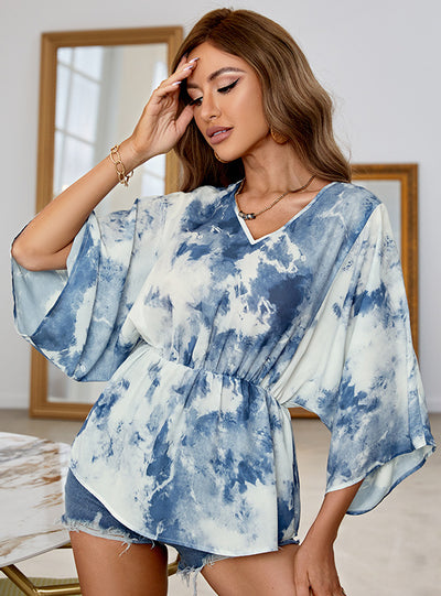 V-neck Irregular Sleeve Tie-dye Printed Chiffon Shirt