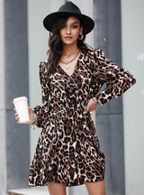Retro Leopard Print Long Sleeve Dress