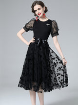 Heavy-duty Embroidered Bubble Sleeve Gauze Fake Two-piece Dress