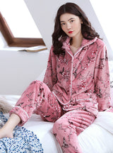 Blue Flower Velvet Long Sleeve Pocket Sleepwear Suit