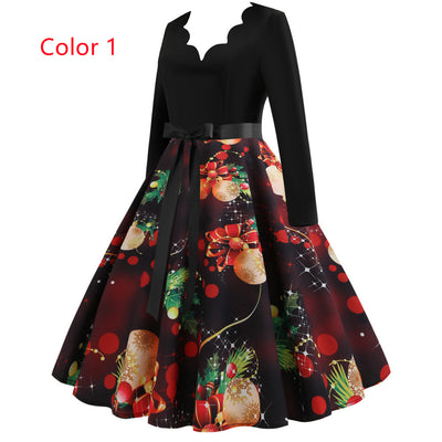 Christmas Long Sleeve V-neck Dress