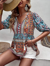 Fringed V-neck Printed Casual Shirt