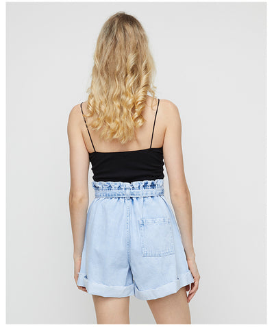 Elastic Waist Hem Wide Leg Denim Shorts