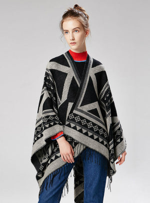 India Nepal Geometric Tassel Split Long Cloak