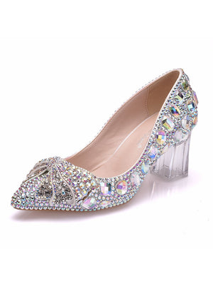 Square Thick-heeled Butterfly Colored Rhinestone Wedding Shoes
