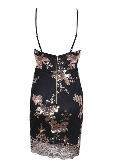 Strap Backless Mini Dress Women V neck Sequin