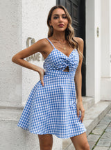 Plaid Cotton Kinked V-neck Sling Dress