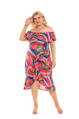 Word Collar Short Sleeve Ruffled Large Size Printed Dress