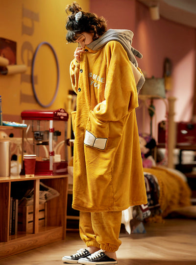 Coral Velvet Two-piece Suit Yellow Robe Elephant Hooded