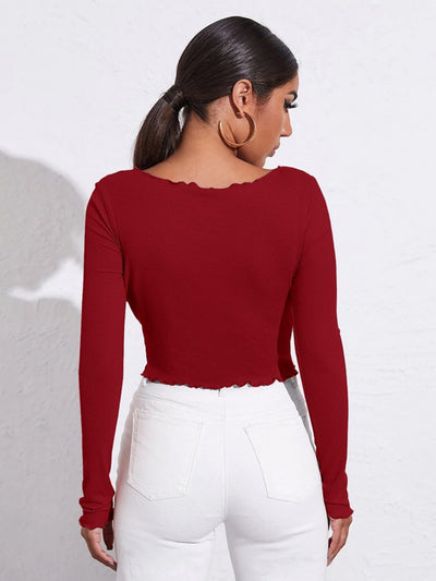Casual V-neck Pleated Slim Long Sleeve T-shirt