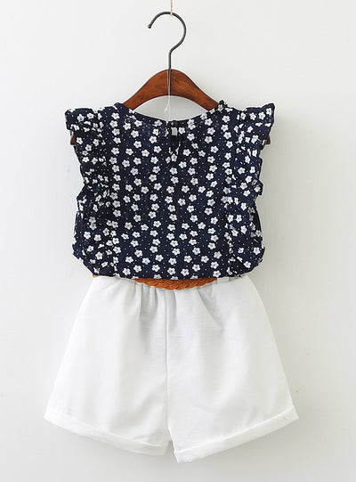 Flowers Blue T-shirt+ White Pants With Pu