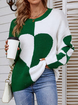 Round Neck Color Matching Love Pullover Sweater