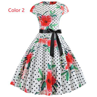 Retro Printed Short Sleeve Lace-up Dress