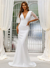 White V-neck Mesh Sleeve Long Dress