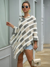 Women Fringe Sweater Cloak Plaid