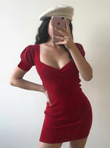 Red Ribbed Knitted Dress Short Sleeve Dress