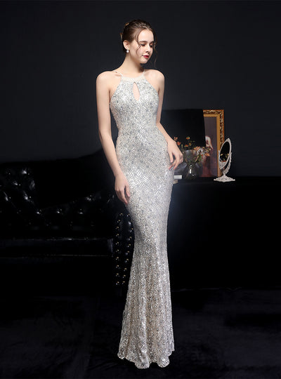 Long Halter Sequined Fishtail Evening Dress