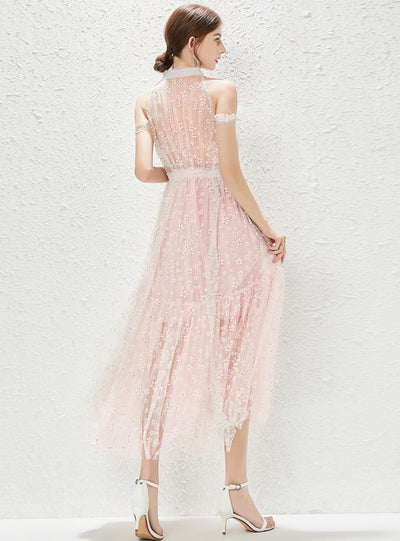 Collar Gauze Print Perspective Dress