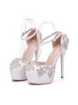White Rhinestone Waterproof Platform Wedding Shoes