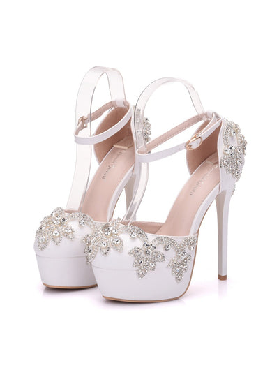 White Rhinestone Waterproof Platform Wedding Shoes