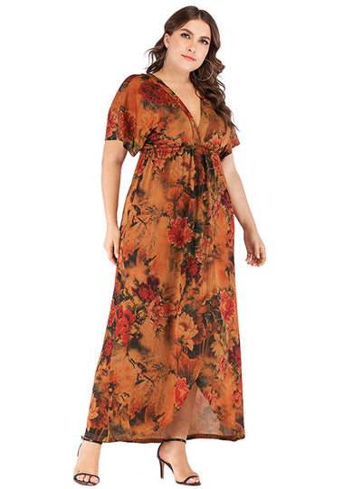 V-neck Short Sleeve Printed Irregular Dress