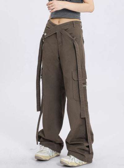 Vintage Ribbon V-shaped Loose Wide-leg Pants