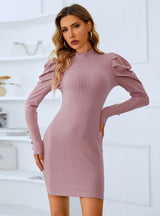 Solid Color Bubble Sleeve Dress