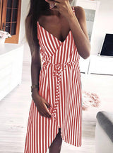 Women Stripe Printing Sleeveless Off Shoulder Dress